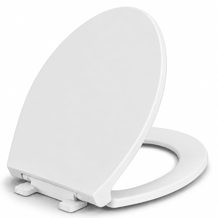 Elongated Toilet Seat, Slow Close, White Plastic, Never Loosen, 18.5” | Easy Installation, Easy Cleaning, Non-Slip Bumpers, Quiet Operation, Fits Most Elongated Toilets
