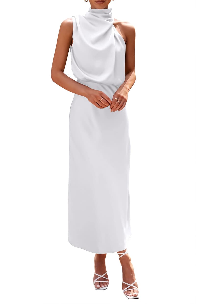 PRETTYGARDEN Women's 2026 Summer Satin Dress Elegant Sleeveless Mock Neck Cocktail Party Maxi Dresses