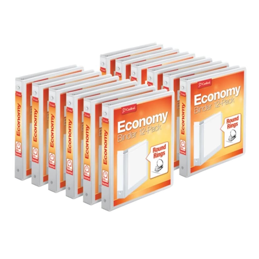 Cardinal 1 Inch 3 Ring Binders, White, 12 Pack, Round Ring Binder, Holds 225 Sheets, PVC Free, Customizable Covers, 2 Pocket View Binders for Office and School Organization