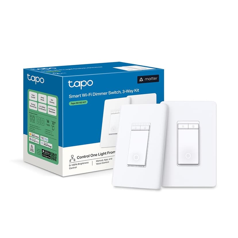 TP-Link Tapo Smart 3 Way Dimmer Switch KIT, Matter Compatible, Energy Monitoring, Neutral Wire Required, Works with Alexa, Siri, Google Home, SmartThings, UL Certified, 2.4GHZ Wi-Fi, Tapo S515D KIT