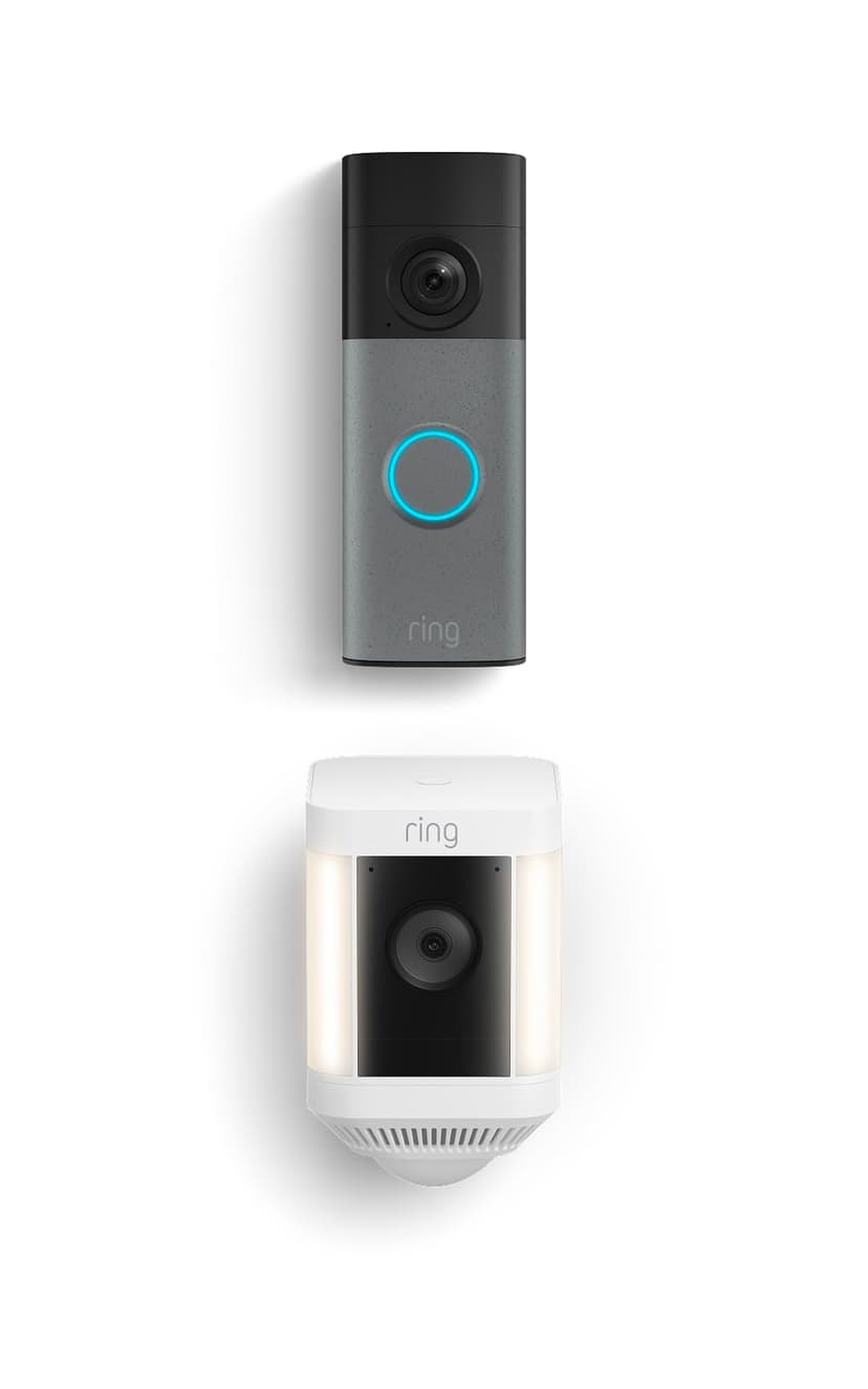 Ring Battery Doorbell (newest model), Speckled Gray with Ring Spotlight Cam Plus, Battery, White