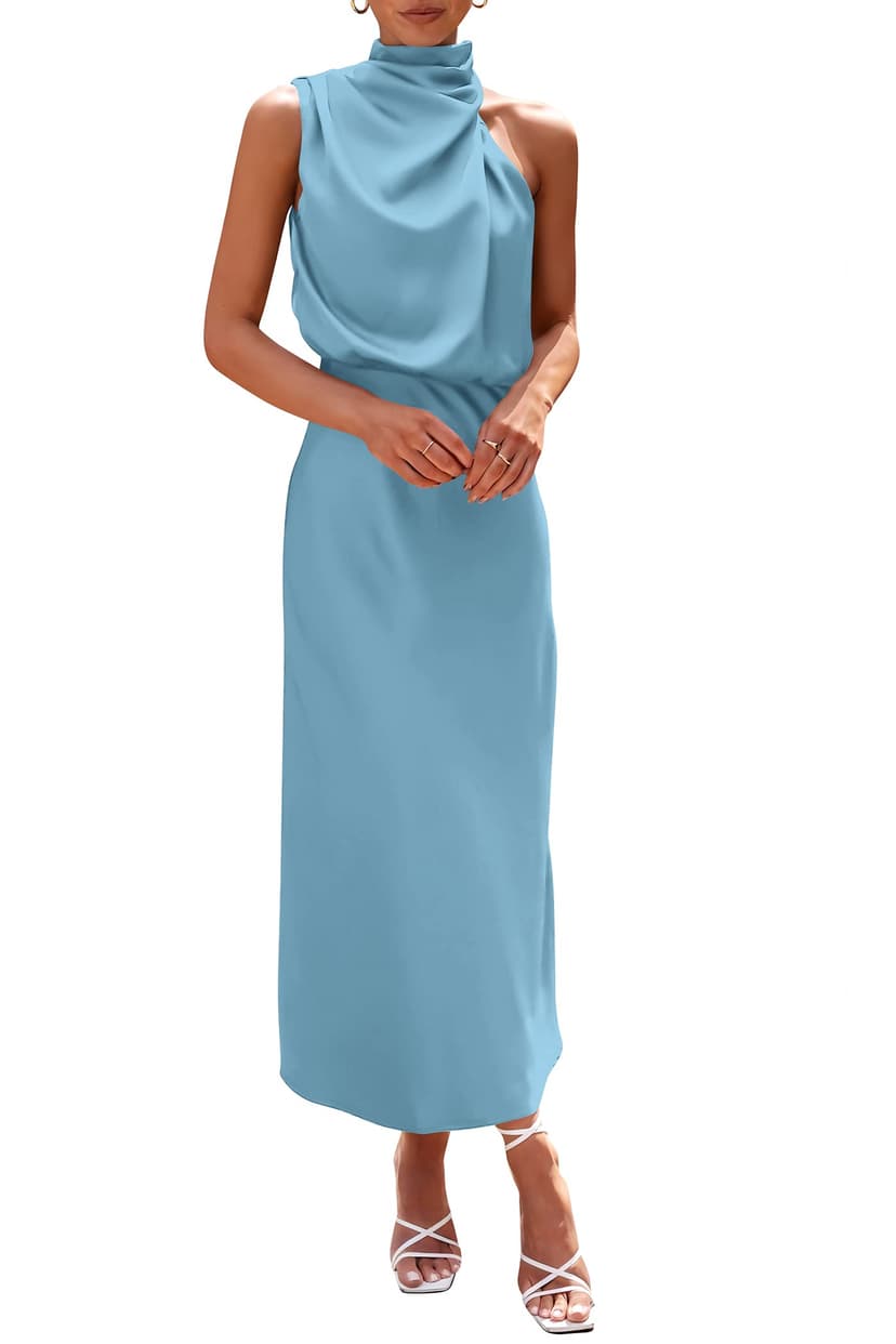 PRETTYGARDEN Women's 2026 Summer Satin Dress Elegant Sleeveless Mock Neck Cocktail Party Maxi Dresses
