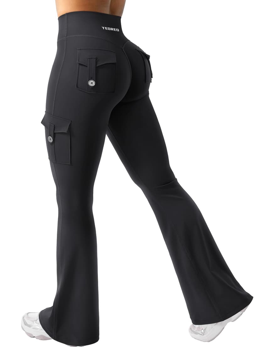YEOREO CoreFlex Women Workout Flare Leggings with Pockets Hidden Scrunch High Waisted Cargo Gym Yoga No Front Seam Leggings