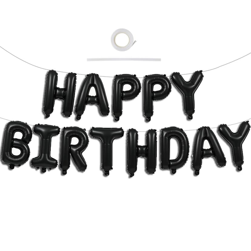 TONIFUL 16 Inch Black Happy Birthday Balloons Banner Decorations for Men | Reusable Foil Letter Birthday Sign Black Birthday Decoration for 16th 30th 50th 60th Boys Adults and Halloween Birthday Party