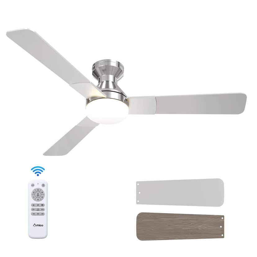 Amico 52 Inch Nickel Low Profile Ceiling Fans with Lights and Remote | Flush mount, 3-color dimmable light, quiet reversible DC motor, easy install, memory, timer, bedroom, covered outdoor areas
