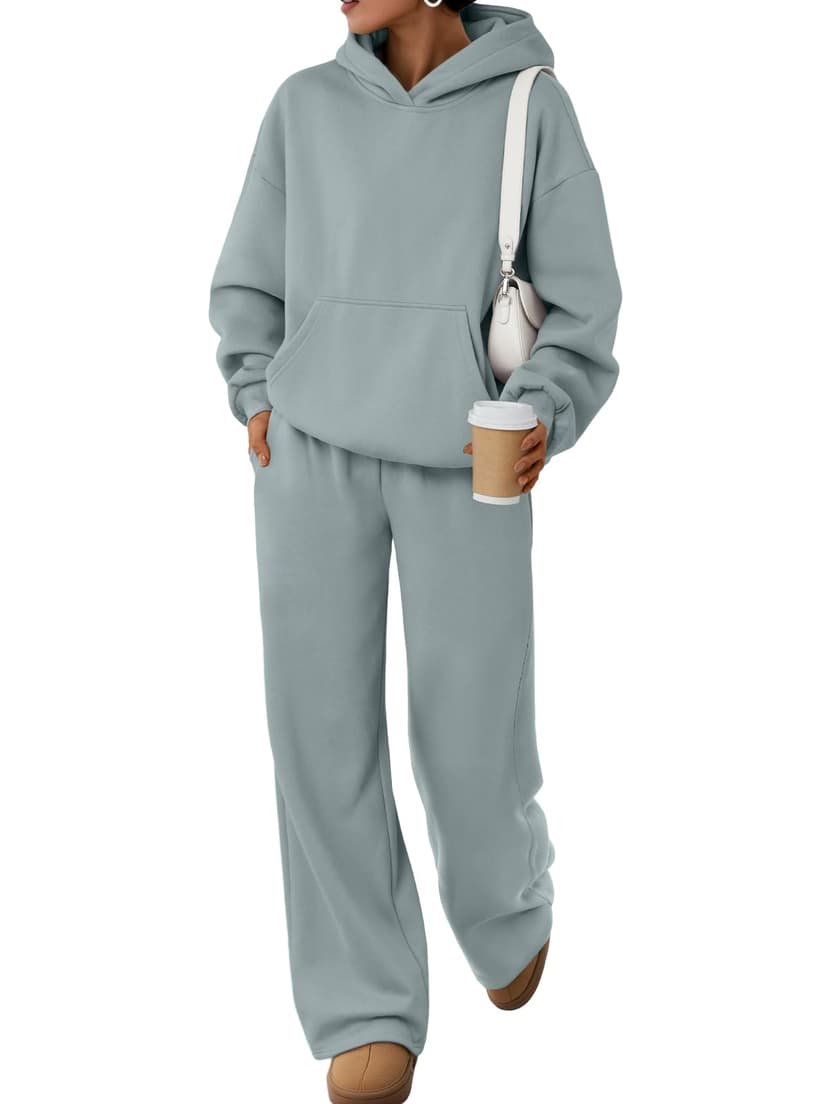 Trendy Queen Womens Oversized Hoodie Wide Leg Pants 2 Piece Lounge Set | Drop Shoulder,Kangaroo Pocket,Elastic Waistband,Side Pockets,Matching Sweatsuit