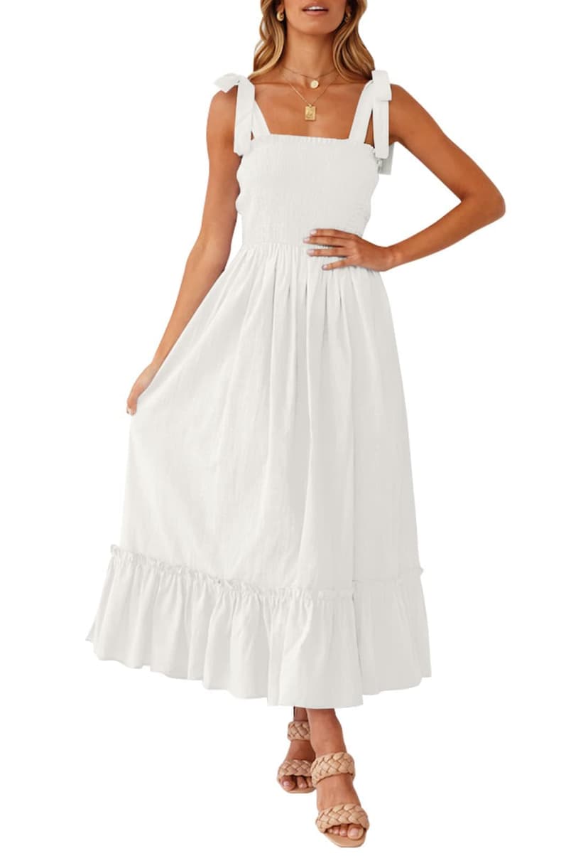 ZESICA Women's 2026 Summer Boho Spaghetti Strap Square Neck Solid Color Ruffle A Line Beach Long Maxi Dress