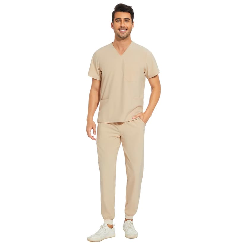 COZYFIT Men Scrubs Set - Stretch V-Neck Scrub Top & Jogger Pant with 8 Pockets, Yoga Waistband, Anti-Wrinkle Scrubs for Men