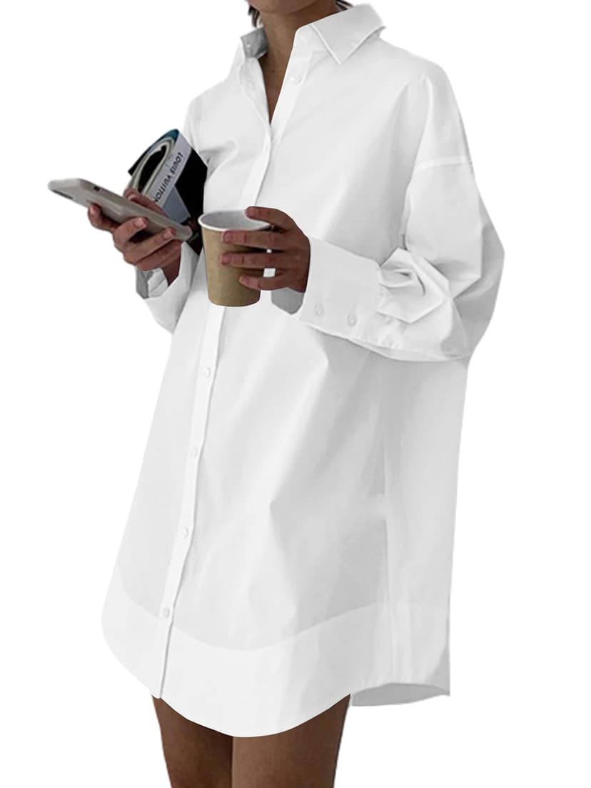 LYANER Women's V Neck Casual Shirt Dress | Collar Button Down Loose Long Sleeve Mini Dresses