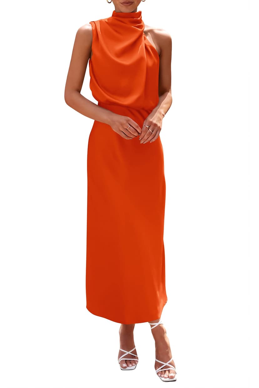 PRETTYGARDEN Women's 2026 Summer Satin Dress Elegant Sleeveless Mock Neck Cocktail Party Maxi Dresses