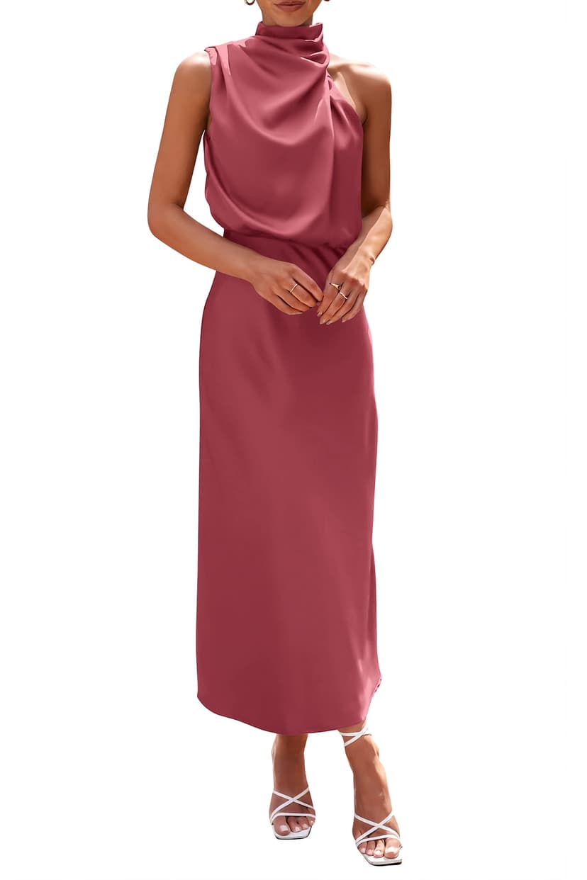 PRETTYGARDEN Women's 2026 Summer Satin Dress Elegant Sleeveless Mock Neck Cocktail Party Maxi Dresses