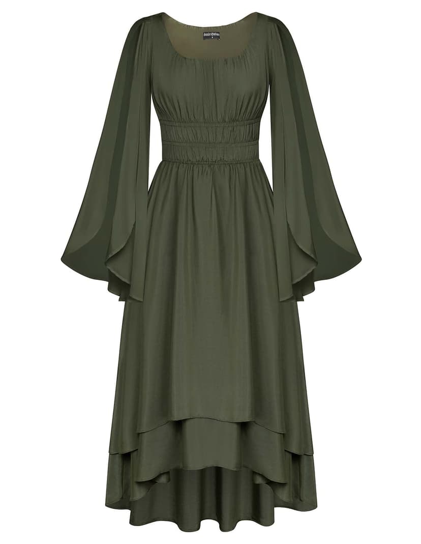 Scarlet Darkness Women Renaissance Costume Split Sleeve Double Layer Dress | Bell Sleeve, Pockets, High Low Hem, for Fairy Witch Halloween Pirate Party