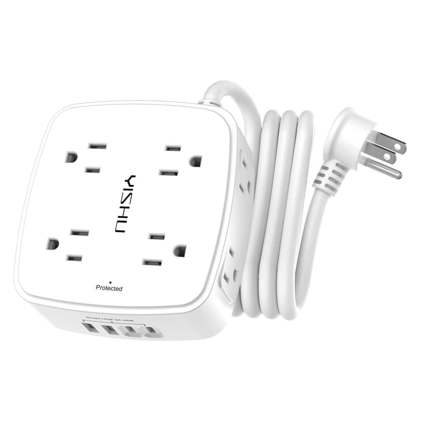 6 Ft Surge Protector Power Strip - 8 Widely Outlets with 4 USB Ports, 3 Side Outlet Extender with 6 Feet Extension Cord, Flat Plug, Wall Mount, Desk USB Charging Station, ETL,White