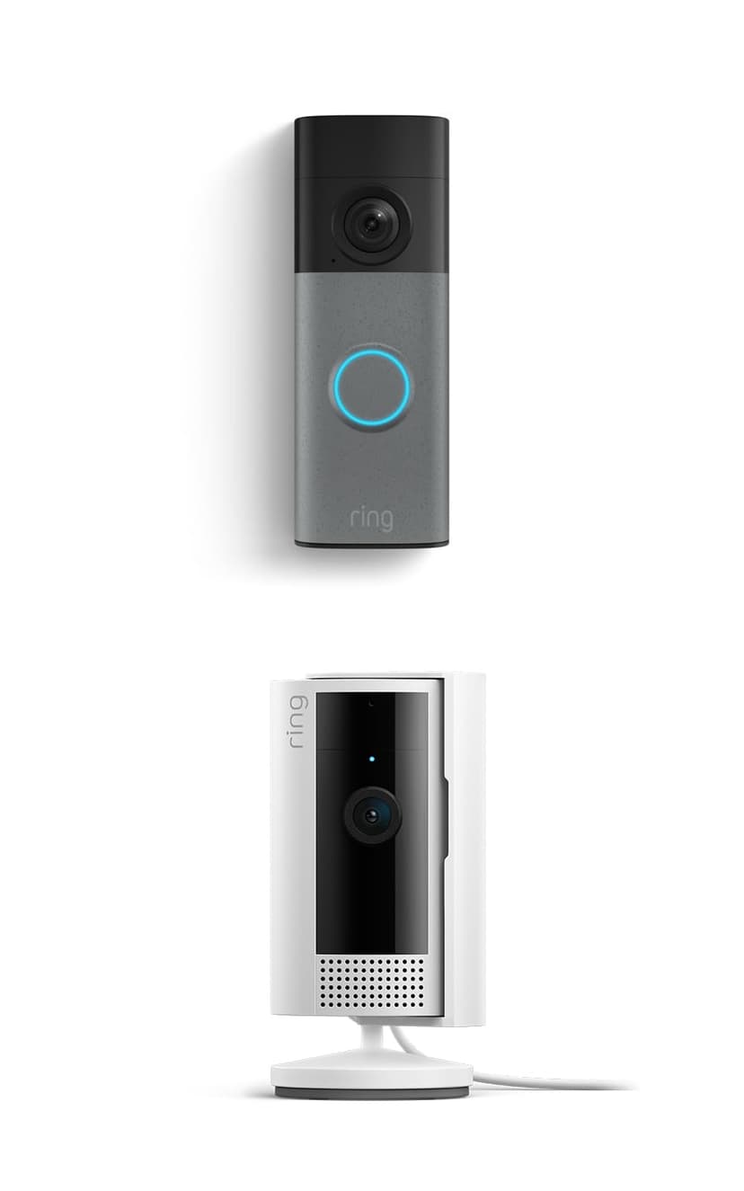 Ring Battery Doorbell (newest model), Speckled Gray with Indoor Cam, White