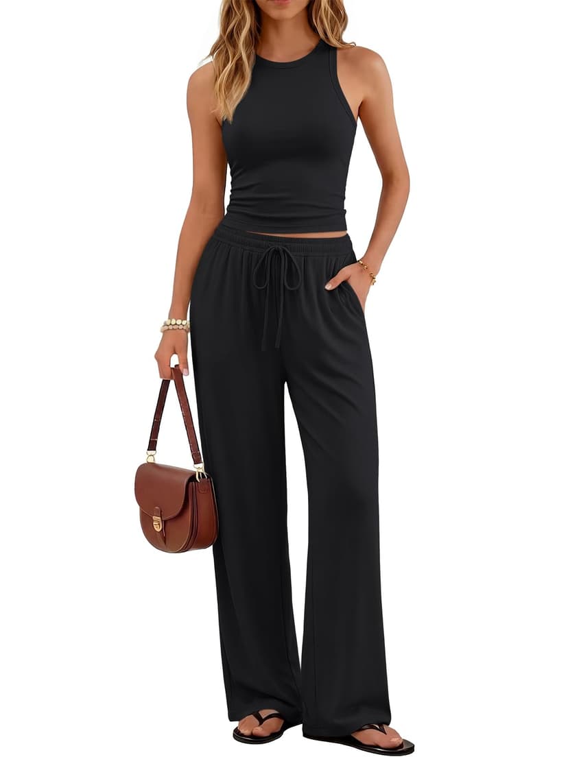 Trendy Queen Women's 2 Piece Summer Lounge Sets Butter Soft Tank Top & High Waisted Wide Leg Pants with Pockets