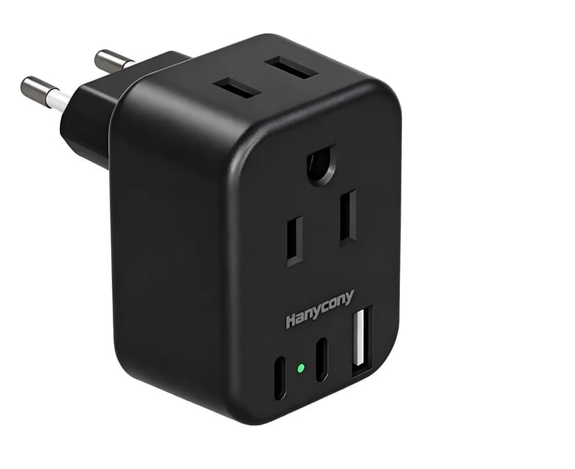 Black European Travel Plug Adapter, US to Europe, Type C Power Adapter | International Plug Adapter 2 Outlets 3 USB Ports(2 USB C), Power Adapter to Iceland Italy France Portugal Spain Germany