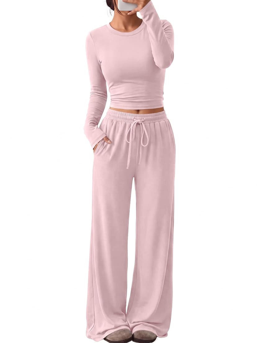 Trendy Queen Women's 2 Piece 2026 Fall Fashion Lounge Set with Pockets | Airport Outfit, Athleisure Workout Set, Fall Wardrobe Staple, Winter Style, Side-Ruched Top, Drawstring Wide-Leg Pants