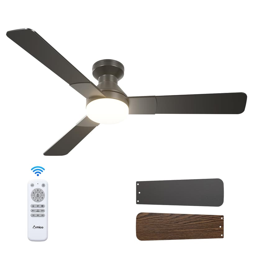 Amico 52 Inch Black Low Profile Ceiling Fans with Lights and Remote | Flush mount, 3-color dimmable light, quiet reversible DC motor, easy install, memory, timer, bedroom, covered outdoor areas