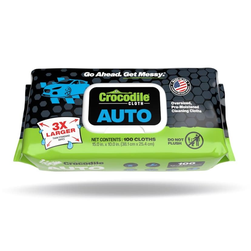 Crocodile Cloth Auto Cleaning Wipes – 100 XL (15" x 10") Disposable Wipes for Car Engine Degreasing, Body Detailing & Tire Cleaning – Cuts Grease, Oil, Adhesives on Hands, Tools, Parts & More