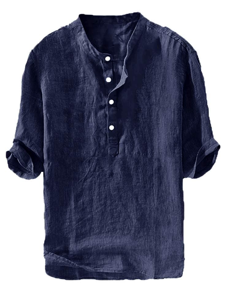 Ryannology Mens Linen Shirts Casual Cotton 3/4 Sleeve Regular-Fit Henley T-Shirt Summer Lightweight Beach Yoga Tops