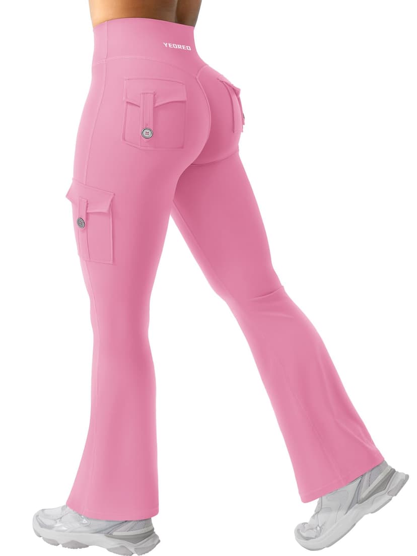 YEOREO CoreFlex Women Workout Flare Leggings with Pockets Hidden Scrunch High Waisted Cargo Gym Yoga No Front Seam Leggings