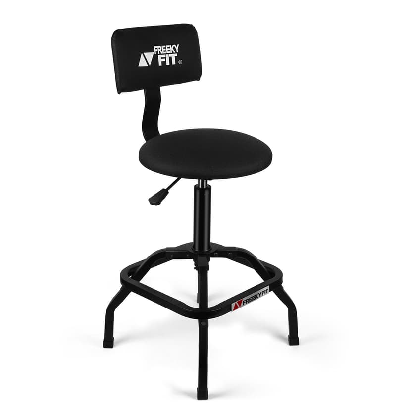 FreekyFit Shop Stool with Backrest, Mechanic Garage Stool for Workshop, Adjustable Shop Stools Chair, Padded Workbench Stools for Men Women, 300 LBS Capacity, 360° Swivel PVC Seat, Heavy Duty, Black