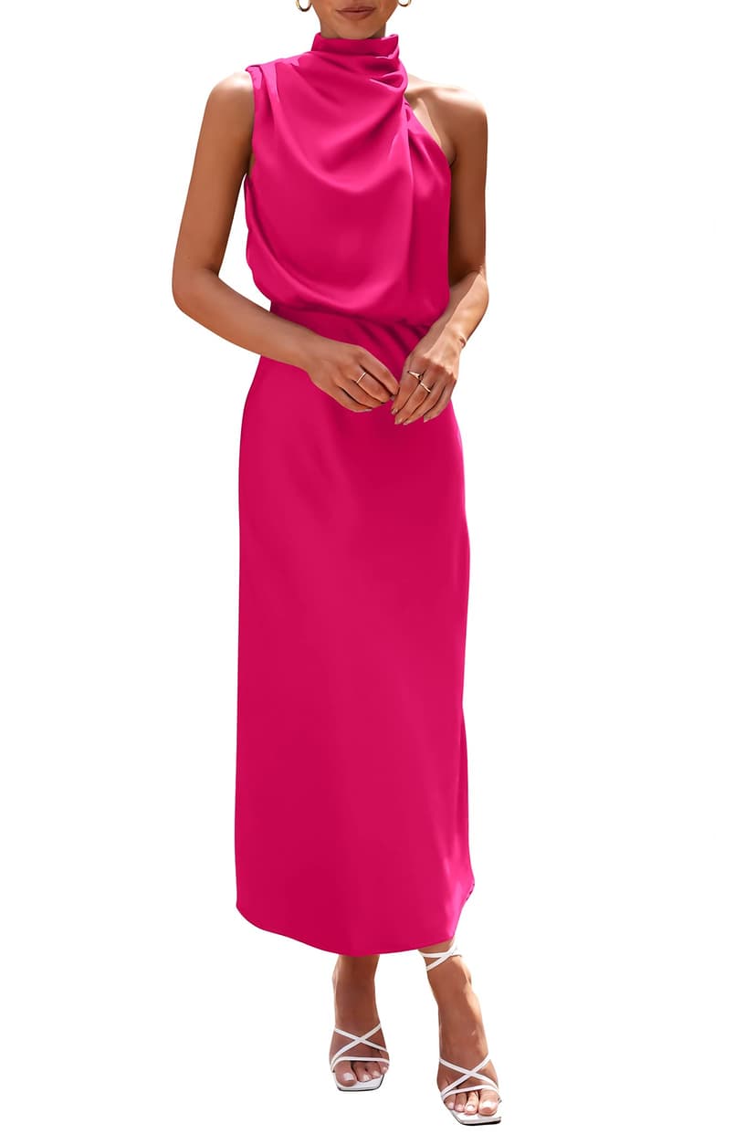 PRETTYGARDEN Women's 2026 Summer Satin Dress Elegant Sleeveless Mock Neck Cocktail Party Maxi Dresses
