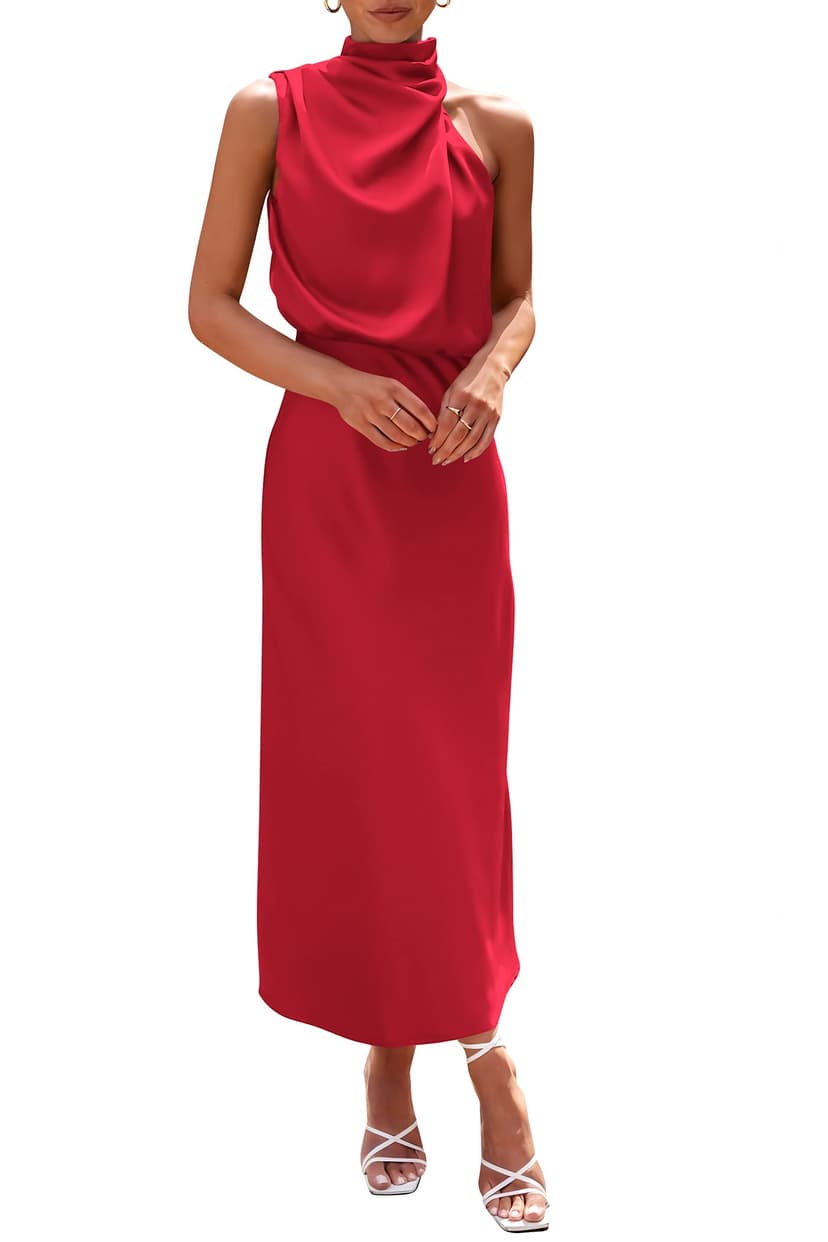 PRETTYGARDEN Women's 2026 Summer Satin Dress Elegant Sleeveless Mock Neck Cocktail Party Maxi Dresses
