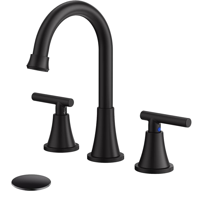 Bathroom Faucet 3 Hole, Matte Black Faucets with Drain and Supply Lines | Hurran Stainless Steel Lead-Free Widespread Bathroom Sink Faucet for Vanity RV Restroom Laundry Outdoor Utility Sink