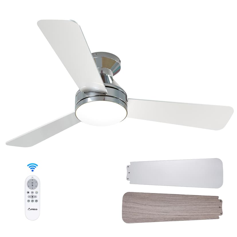 Amico 42 Inch Nickel Low Profile Ceiling Fans with Lights And Remote | Flush mount, 3-color dimmable light, quiet reversible DC motor, easy install, memory, timer, bedroom, covered outdoor areas