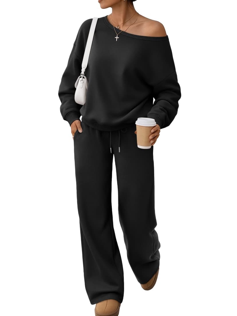 Trendy Queen Women Sweatsuits 2 Piece Sweat Set Fall Outfits | 2 Piece Matching Lounge Sweat Set,Fleece Lined Oversized Sweatsuits,Off Shoulder Sweatshirt And Wide Leg Pant with Pockets