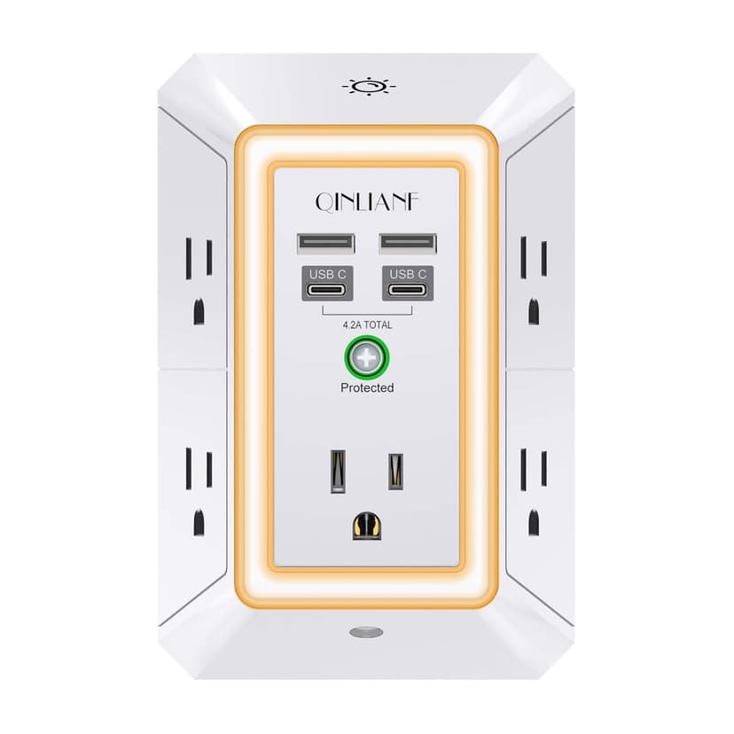3-Sided Outlet Extender with Night Light - QINLIANF Multi Plug Outlet with 5 Outlets and 4 USB Ports(2 USB-C), USB Wall Charger for Home, Office, Travel, ETL Listed, White