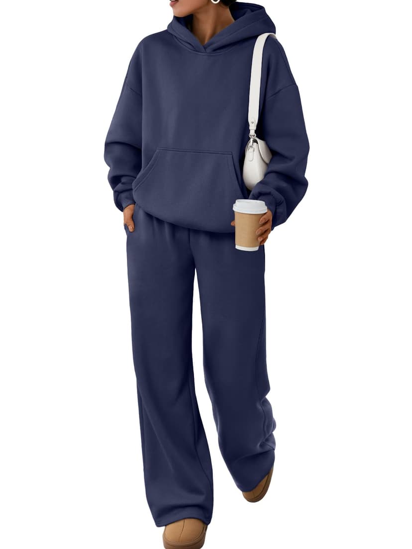 Trendy Queen Womens Oversized Hoodie Wide Leg Pants 2 Piece Lounge Set | Drop Shoulder,Kangaroo Pocket,Elastic Waistband,Side Pockets,Matching Sweatsuit