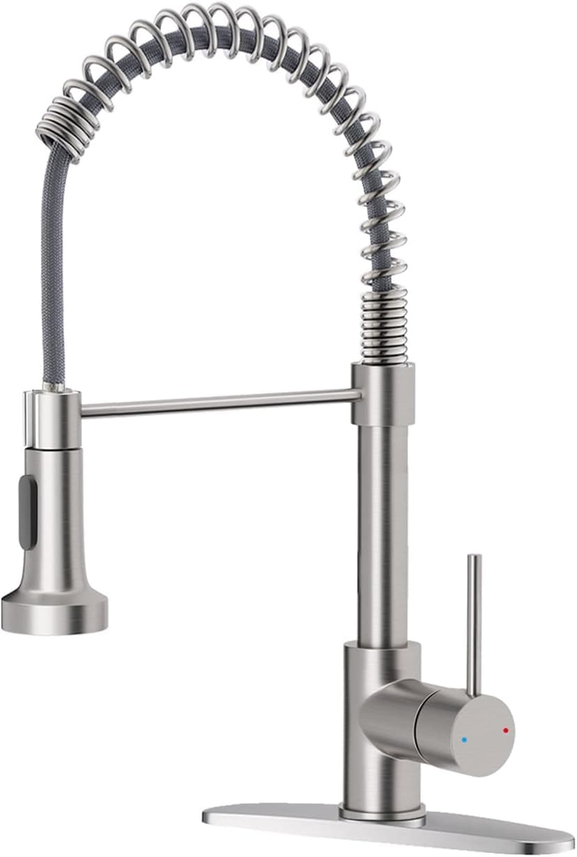 OWOFAN Kitchen Faucets, Brushed Nickel Kitchen Sink Faucet with Pull Down Sprayer Single Handle with Deck Plate Stainless Steel, Suitable for Farmhouse Camper Laundry Rv Bar - OWOFAN 9009SN