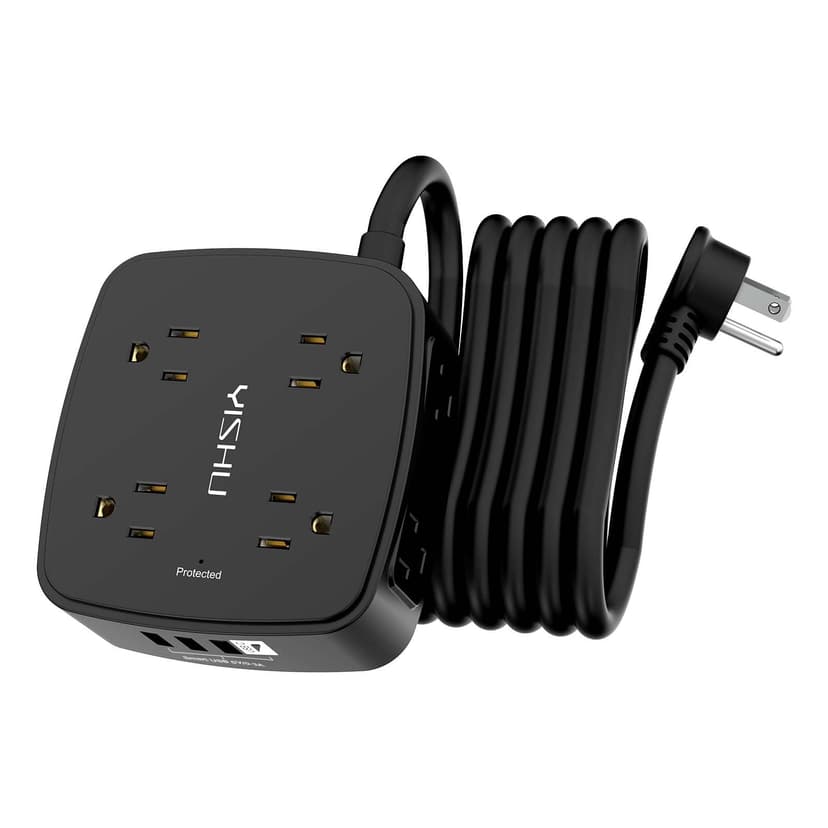 10 Ft Surge Protector Power Strip - 8 Widely Outlets with 4 USB Ports, 3 Side Outlet Extender with 10 Feet Extension Cord, Flat Plug, Wall Mount, Desk USB Charging Station, ETL, Black