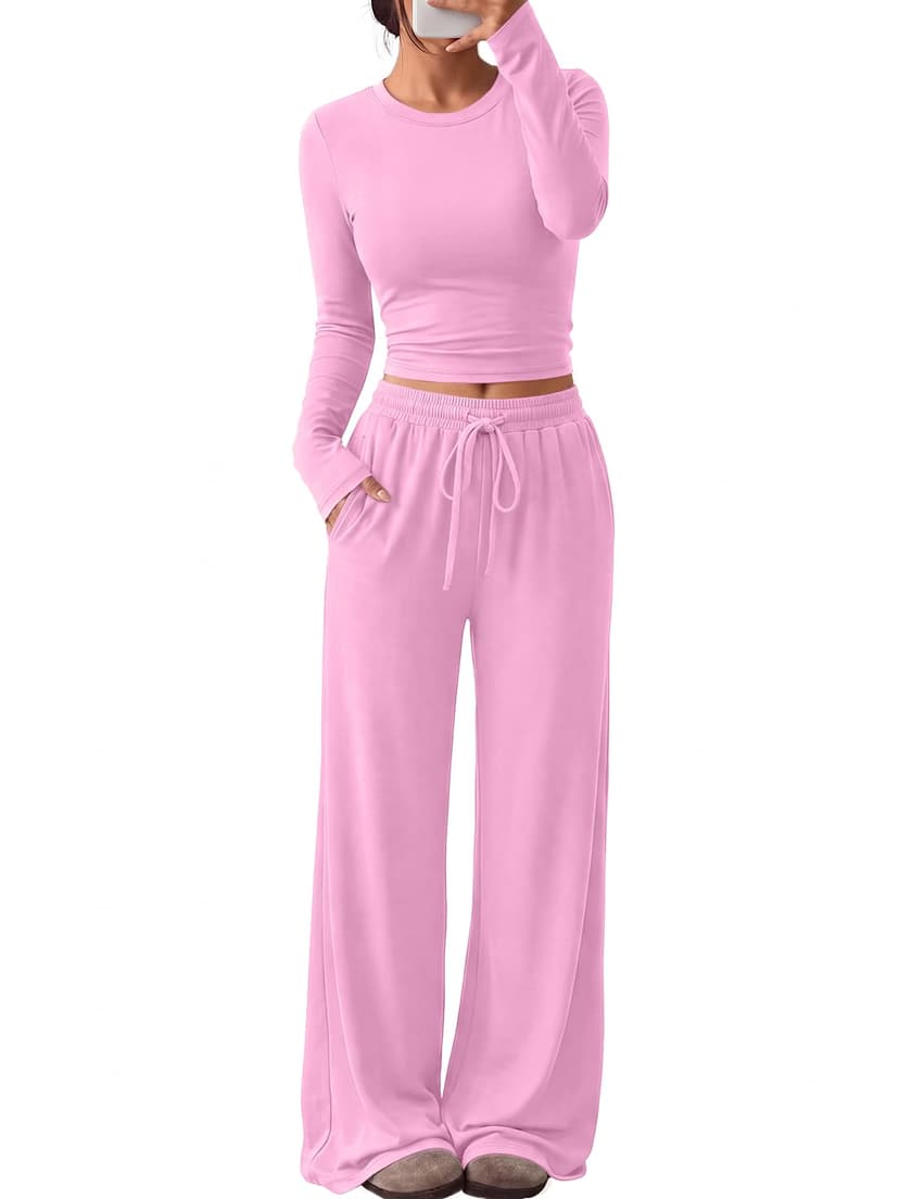 Trendy Queen Women's 2 Piece 2026 Fall Fashion Lounge Set with Pockets | Airport Outfit, Athleisure Workout Set, Fall Wardrobe Staple, Winter Style, Side-Ruched Top, Drawstring Wide-Leg Pants