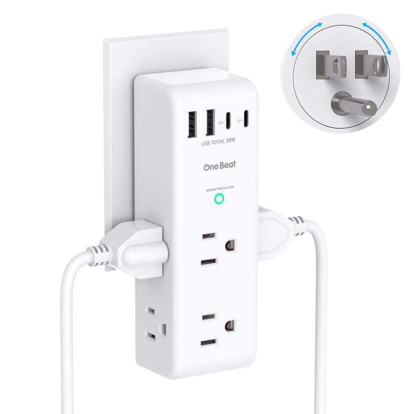PD 30W Surge Protector Outlet Extender, Rotating Plug, One Beat 6 AC Multi Plug Outlet with 4 USB Ports (2 USB C), 1800J, 3-Sided Swivel Power Adapter with Spaced Outlet Splitter for Home Office Dorm