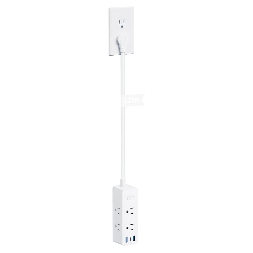 Olcorife Flat Plug Power Strip with 1 FT Extension Cord, 6 Outlets 3 USB Ports(1 USB C), 3 Sided Outlet Extender for Home Office Travel Dorm Room Essentials, White