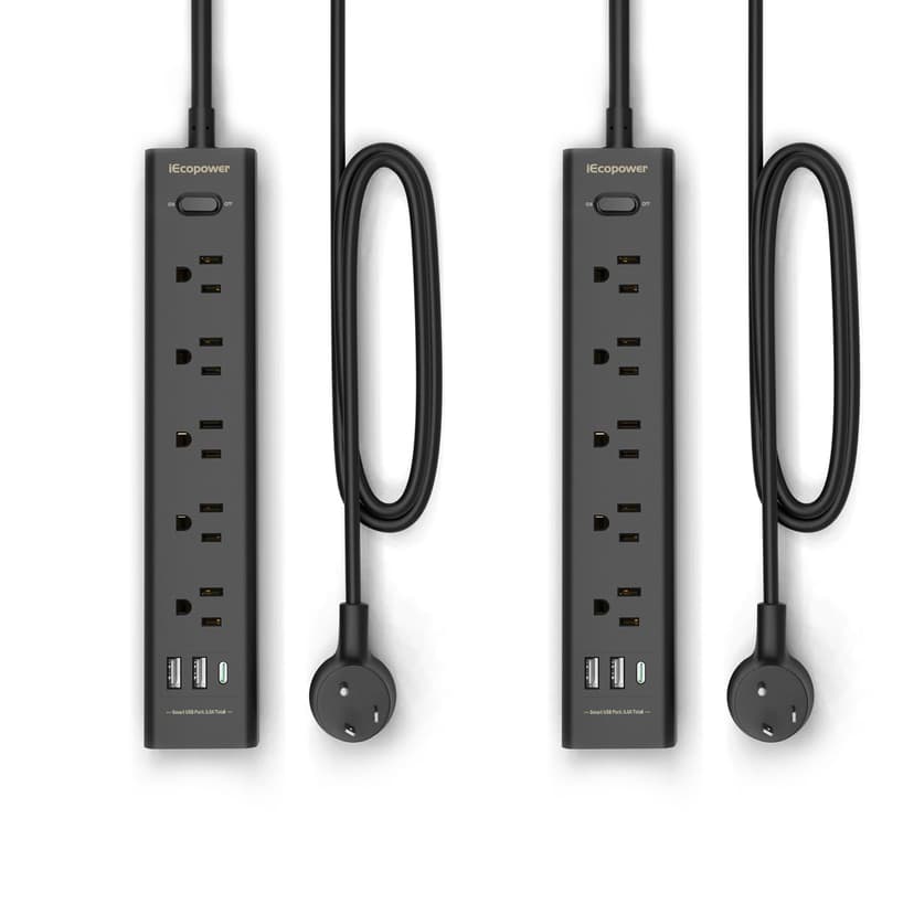 10FT Long Surge Protector Power Strip-with 5 Widely Outlets and 3 USB Ports(1 USB C Port),10 Foot Extension Cord(1250W/10A),Wall Mount for Home Office,700 J,Black(2 Pack)