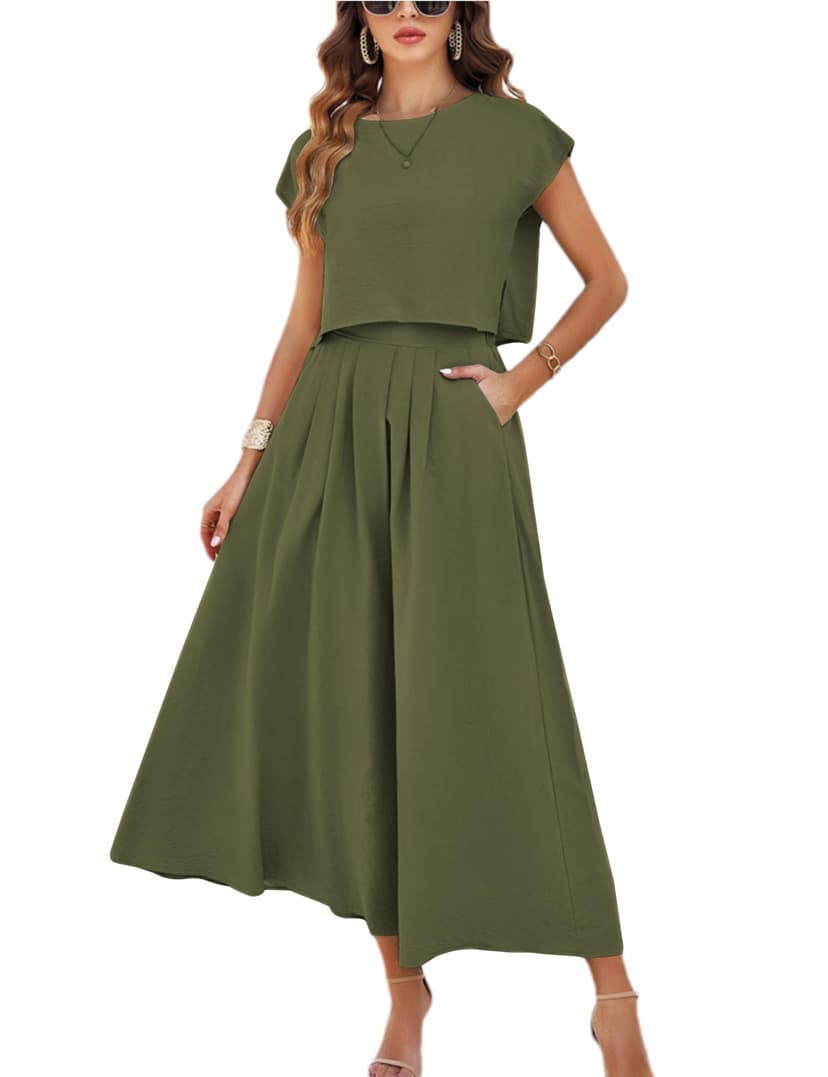 Mingzhu Womens 2 Piece Outfits Skirt Set Summer Casual Cap Sleeve Crop Tops Maxi Dress Sets with Pockets