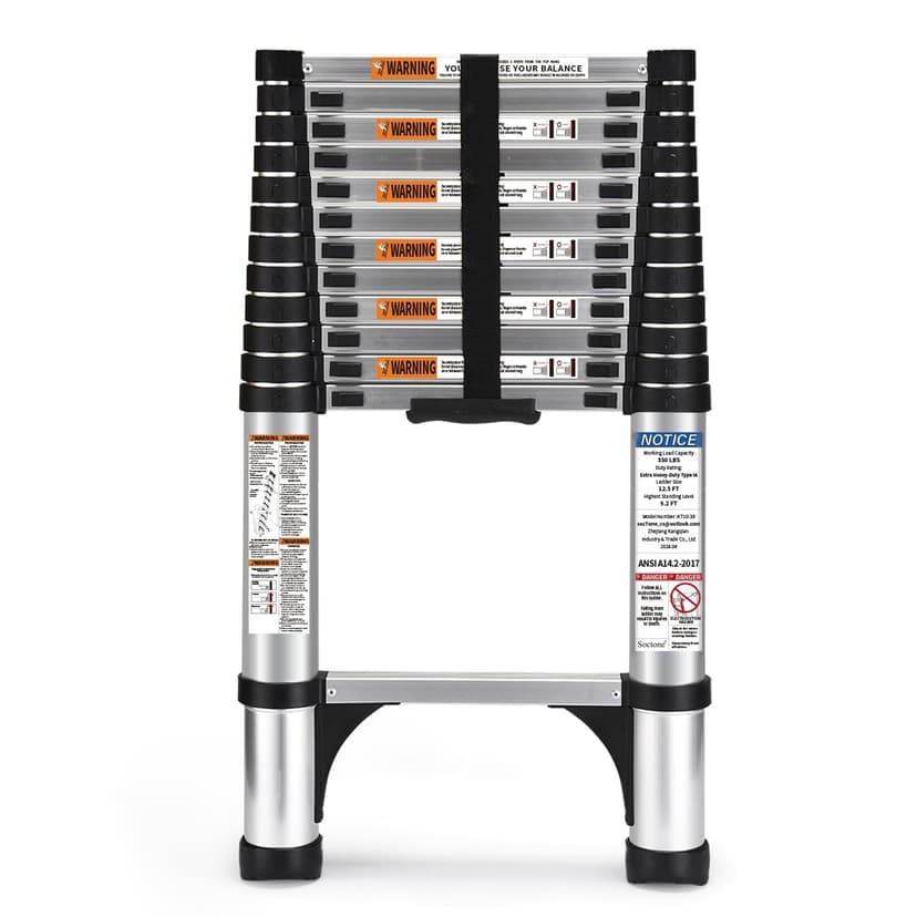 SocTone 12.5FT Telescoping Ladder with Stabilizers, Extension ladder | Heavy Duty 330lbs Max Capacity, Multi-Purpose Collapsible Telescopic Rv Ladder for Household or Outdoor Work"