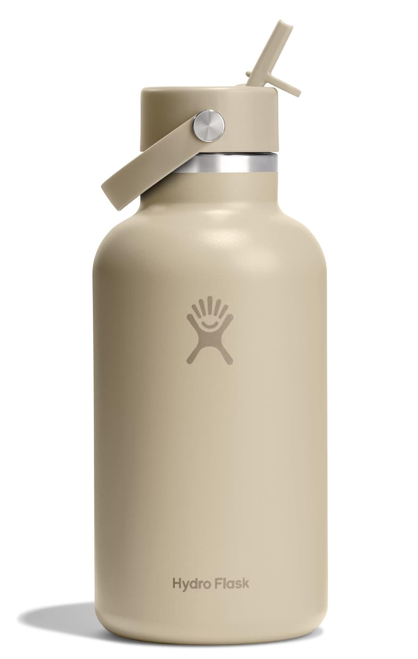 Hydro Flask Water Bottle - Insulated Stainless Steel - Wide Mouth Flex Straw Lid, Non Spill, Leakproof and Refillable in 64 Oz Tonal Oat