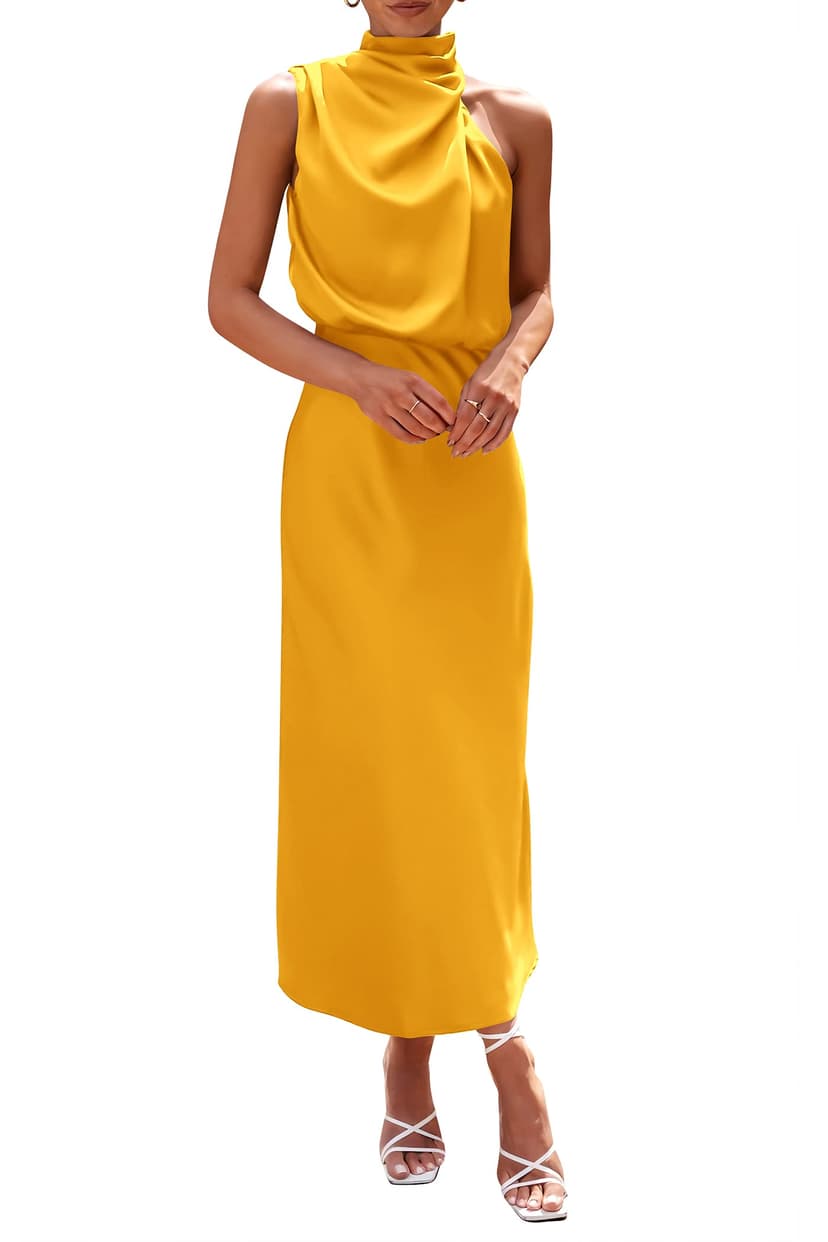 PRETTYGARDEN Women's 2026 Summer Satin Dress Elegant Sleeveless Mock Neck Cocktail Party Maxi Dresses