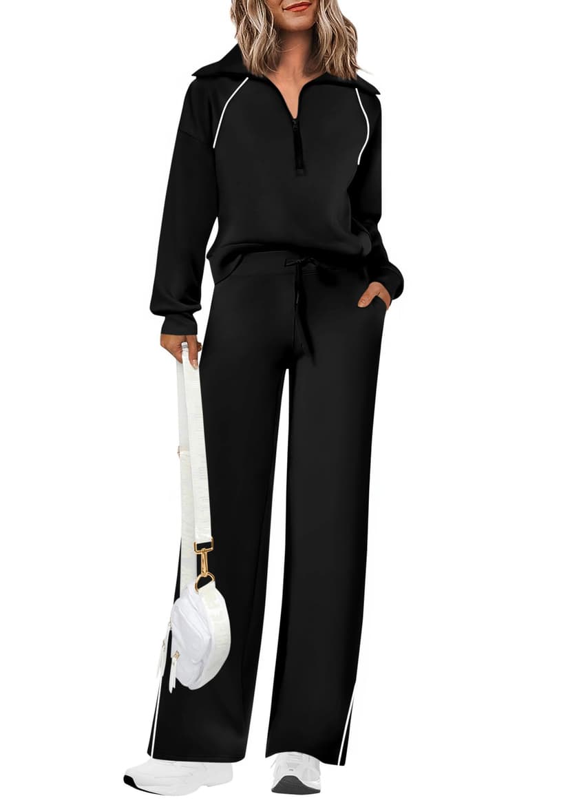 PRETTYGARDEN Women's 2 Piece Outfits Casual Lapel Half Zip Sweatshirts and Wide Leg Pants Tracksuit Sets