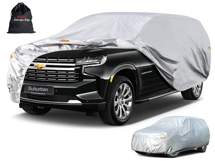 Kayme 6 Layers SUV Car Cover Custom Fit for Chevrolet Chevy Suburban (1973-2025) Waterproof All Weather for Automobiles, Outdoor Full Cover Rain Sun UV Protection.Silver