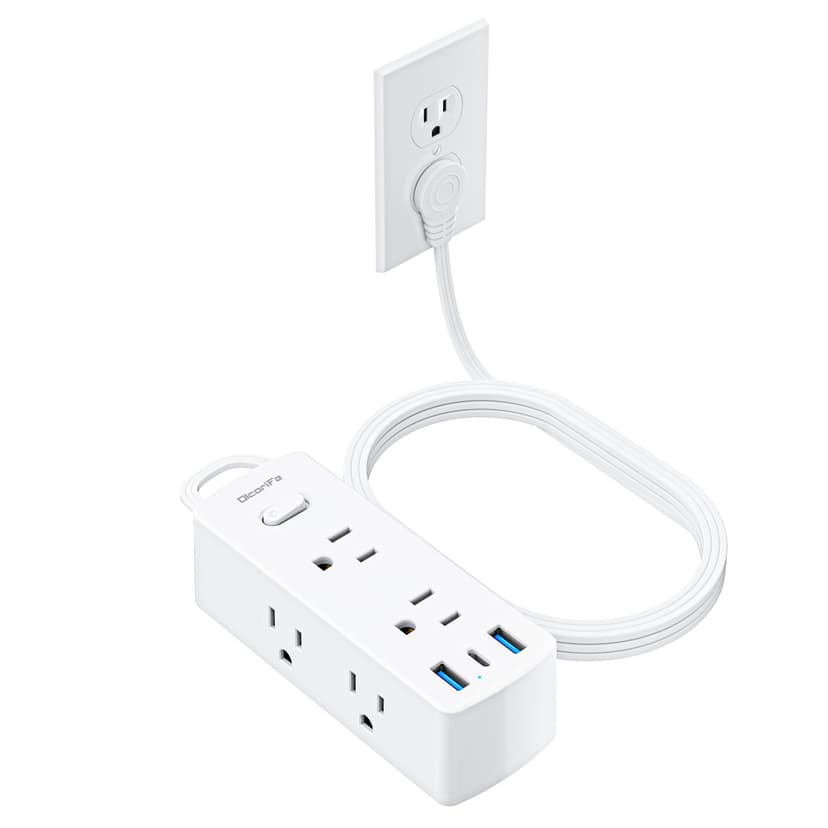 Olcorife Flat Plug Power Strip with 15 FT Extension Cord, 6 Outlets 3 USB Ports(1 USB C), 3 Sided Outlet Extender for Home Office Travel Dorm Room Essentials, White