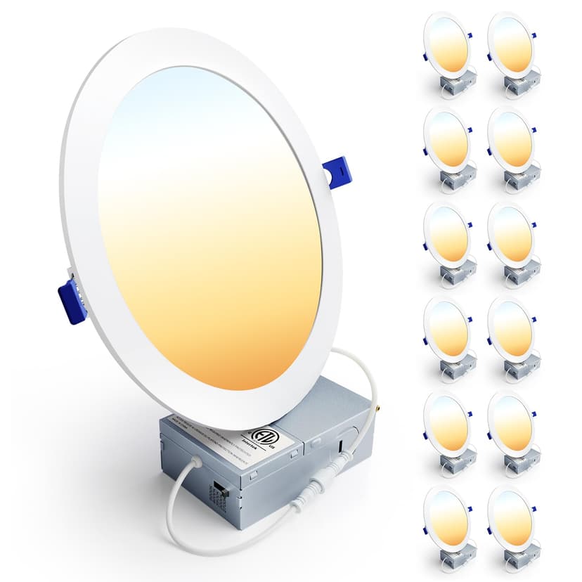 Ensenior 12 Pack 8 Inch LED Recessed Ceiling Light, 5CCT, 1600LM 18W 120V | 2700K-5000K Selectable, 5%-100% Dimming, Ultra-Thin Canless Wafer Downlight with Junction Box, Damp Rated, ETL&FCC&IC