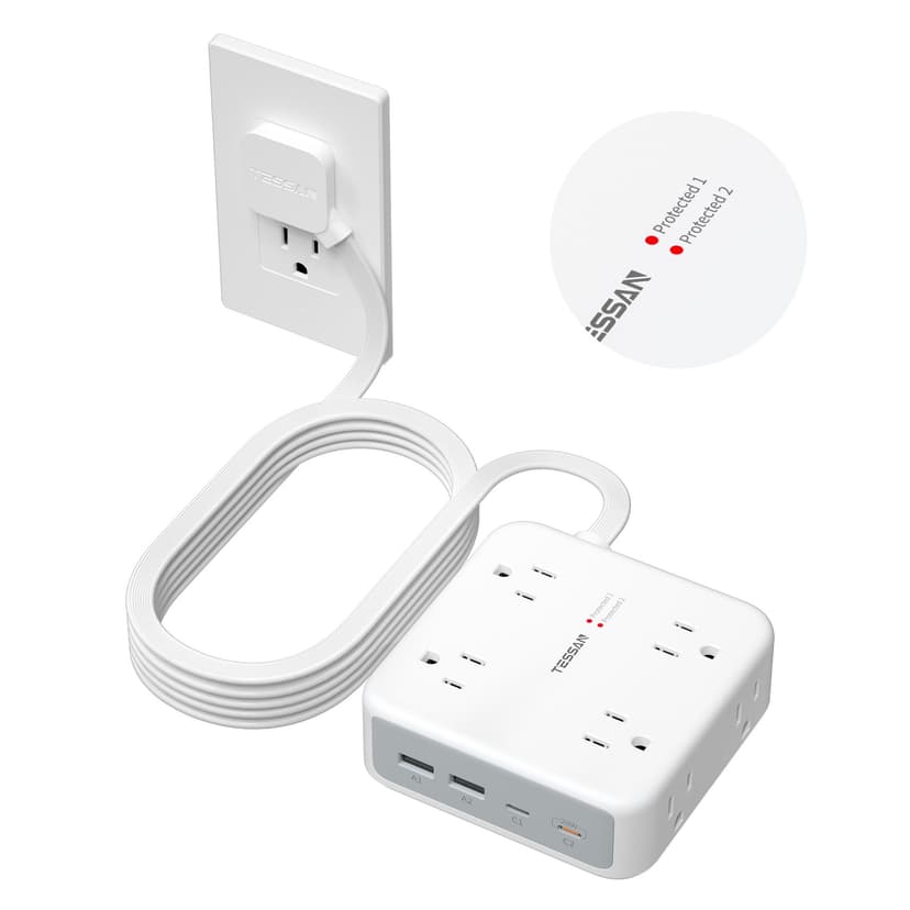 TESSAN Dual Surge Protector Power Strip, 15 Ft Extension Cord Flat Plug | 4 USB (2 USB C) 8 Outlets, 2100J Surge Protection, 20W Multiple Charging Station for Home, Office, Dorm Room, Grey