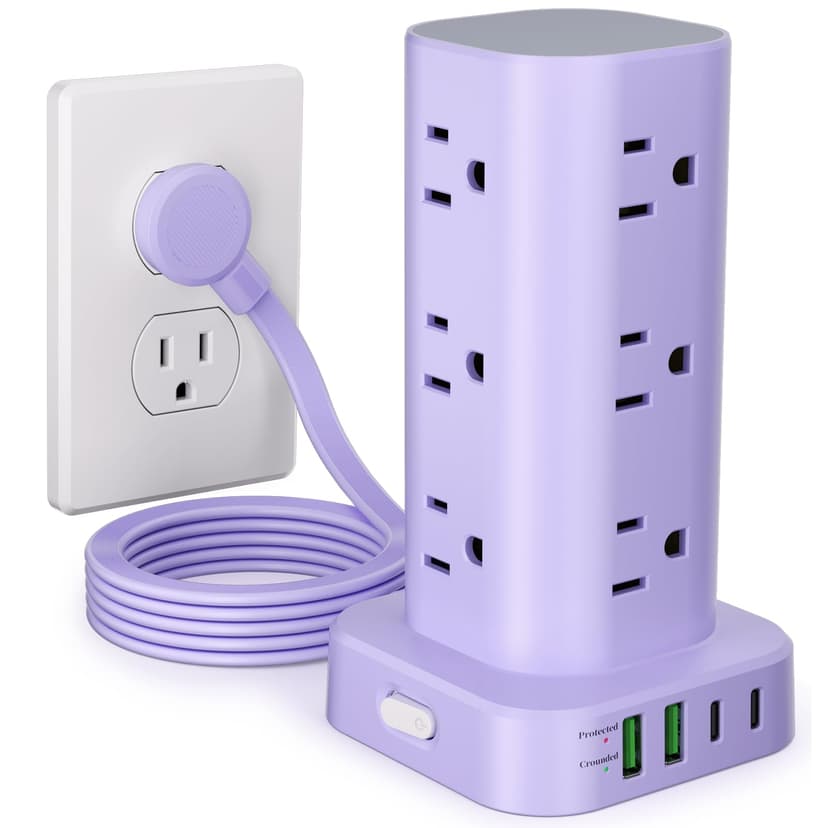 6FT Power Strip Tower Surge Protector, 12 Wide Spaced Outlets, 4 USB | 16-in-1 Desktop Charging Station with 2USB-C,2USB-A, Flat Plug, 6FT Cord, 1800J Surge Protection for Home Office, Dorm Purple