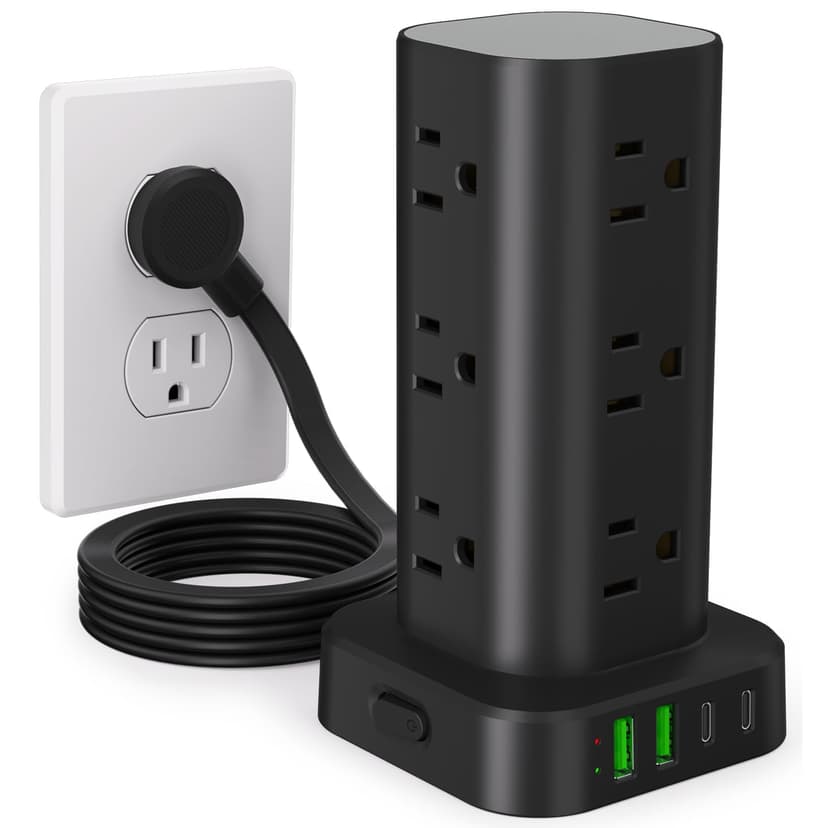 6FT Power Strip Tower Surge Protector, 12 Wide Spaced Outlets, 4 USB | 16-in-1 Desktop Charging Station with 2USB-C,2USB-A, Flat Plug, 6FT Cord, 1800J Surge Protection for Home Office, Dorm Black